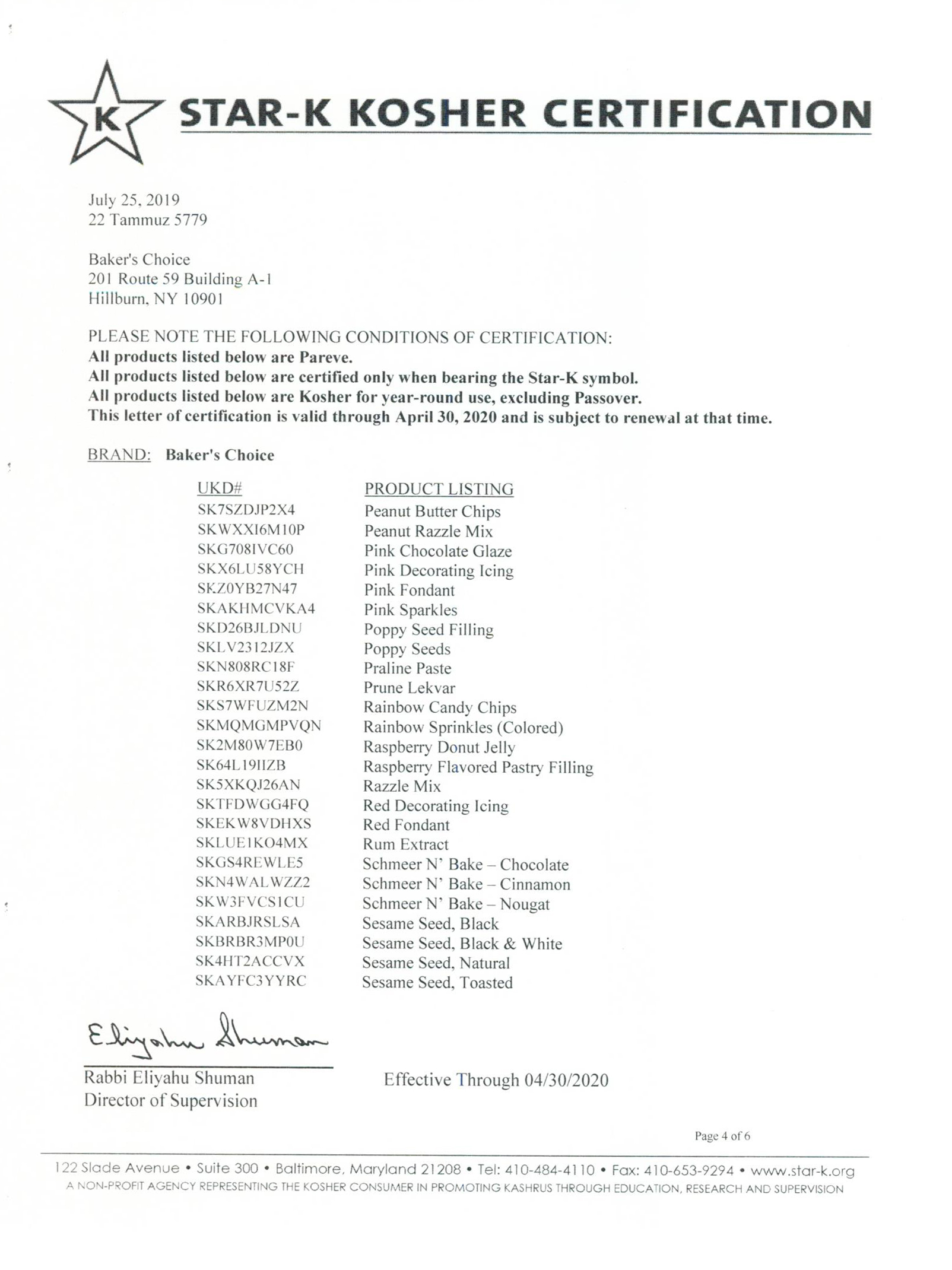 Kosher Certifications Bakers Choice